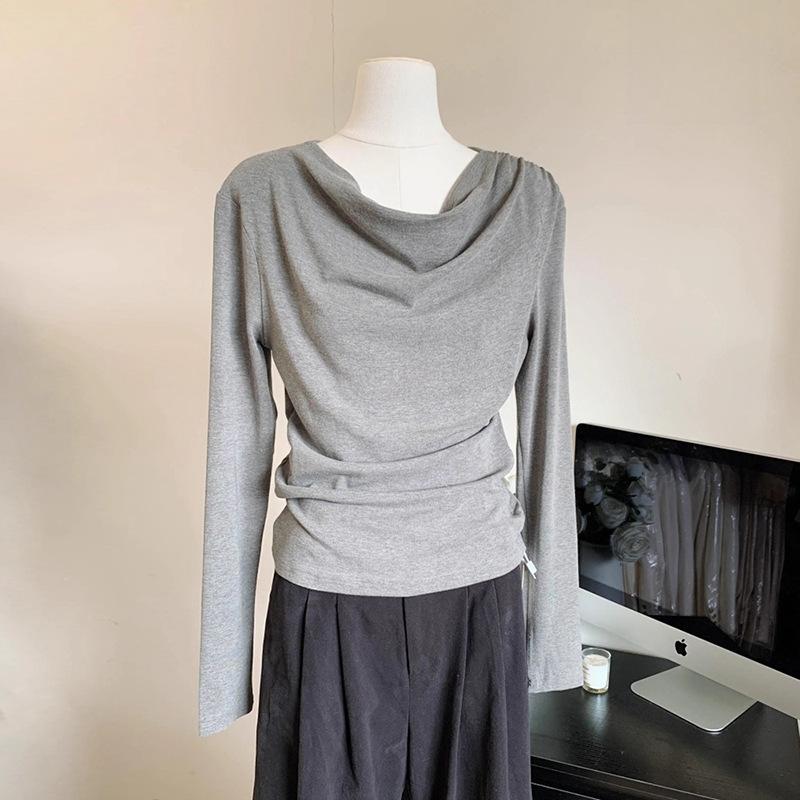 Swinging collar one-word shoulder long-sleeved T-shirt women's top spring new slim-fit Spice Girl bottoming shirt