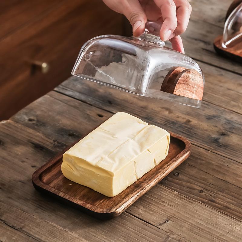 Wooden Cheese & Butter Box with Glass Cover - Snack Tray & Baking Tool