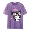Women's Retro Washed Black Cotton T-Shirt - Distressed Letter Print, Short Sleeve, Loose Fit, Casual Summer Top