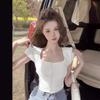 American Niche Chic Versatile Design Sense Candy Color Square Collar Slim and Thin Short Thin Short Sleeve Knitted Top Women