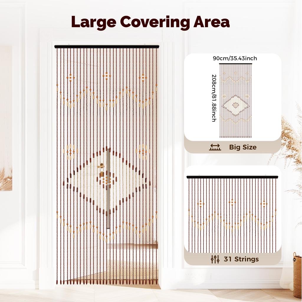 Bohemian Wood Bead Door Curtain Natural Wood Cotton Room Divider Window Wall Decor for Ethnic Vintage Tibetan Home Style