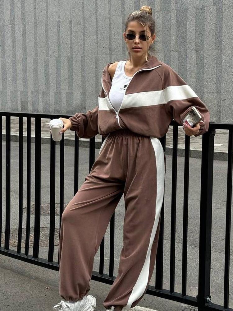 Fashion European and American suits Casual sports suits Zipper cardigan trousers Two-piece suit Women