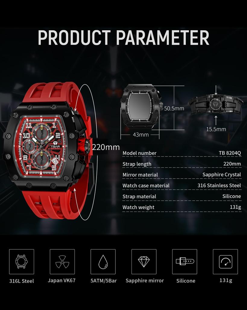 TSAR BOMBA Men's Tonneau Watch 50M Waterproof Sapphire Crystal Silicone Strap Japanese Movement Red Case Thickness 16.8mm