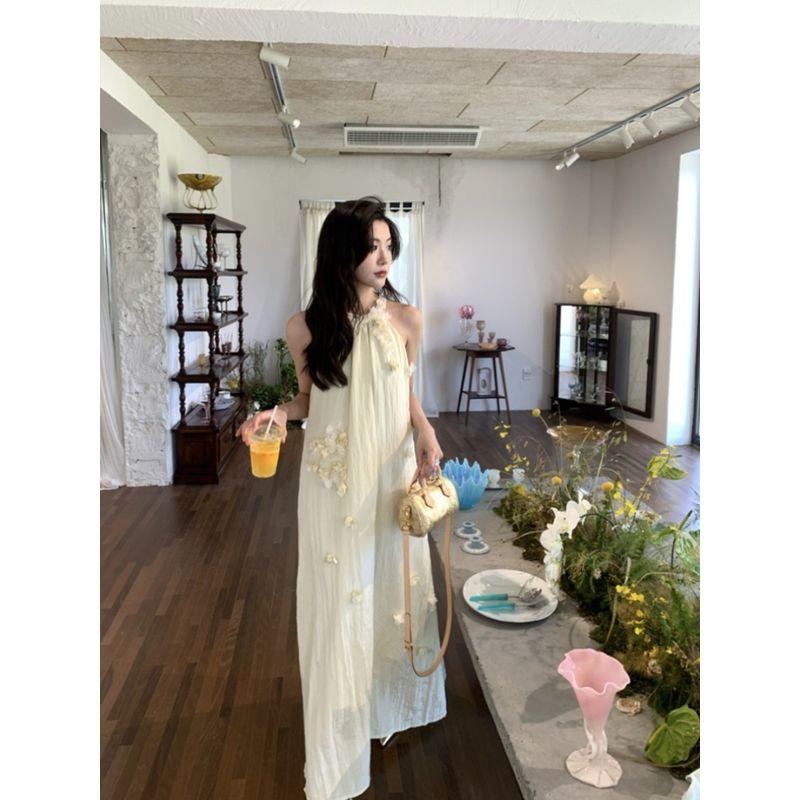 Three-Dimensional Halterneck Summer Elegant Loose A- Line Skirt Flowers