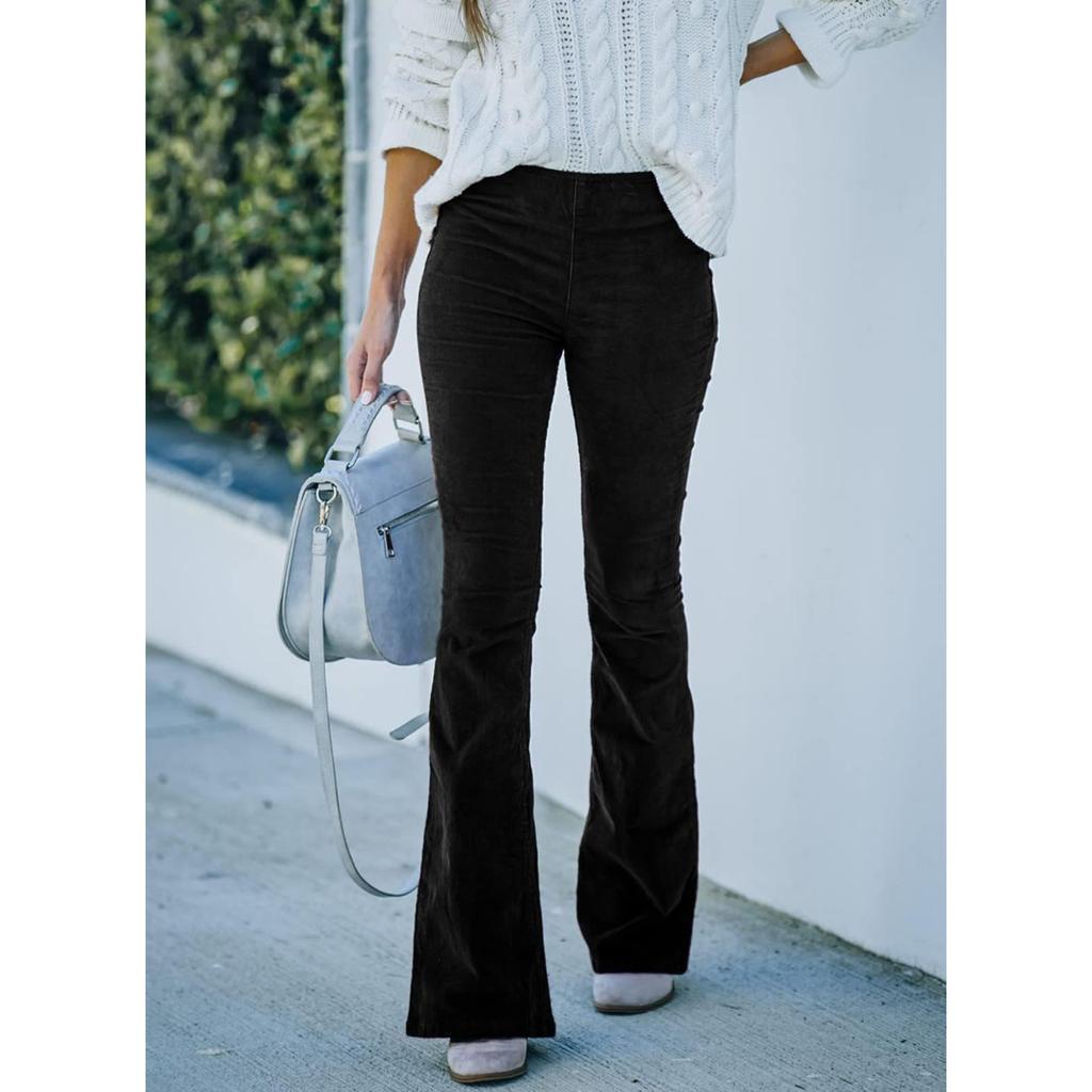 Women's High Rise Elastic Waist Corduroy Slim Fit Flare Pants Solid Color Commuter Casual Long Trousers