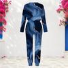 Women Plus Size Printed Turquoise Blue Round Neck Long Sleeve Top Cuffed Pants Two Piece Set With Pockets