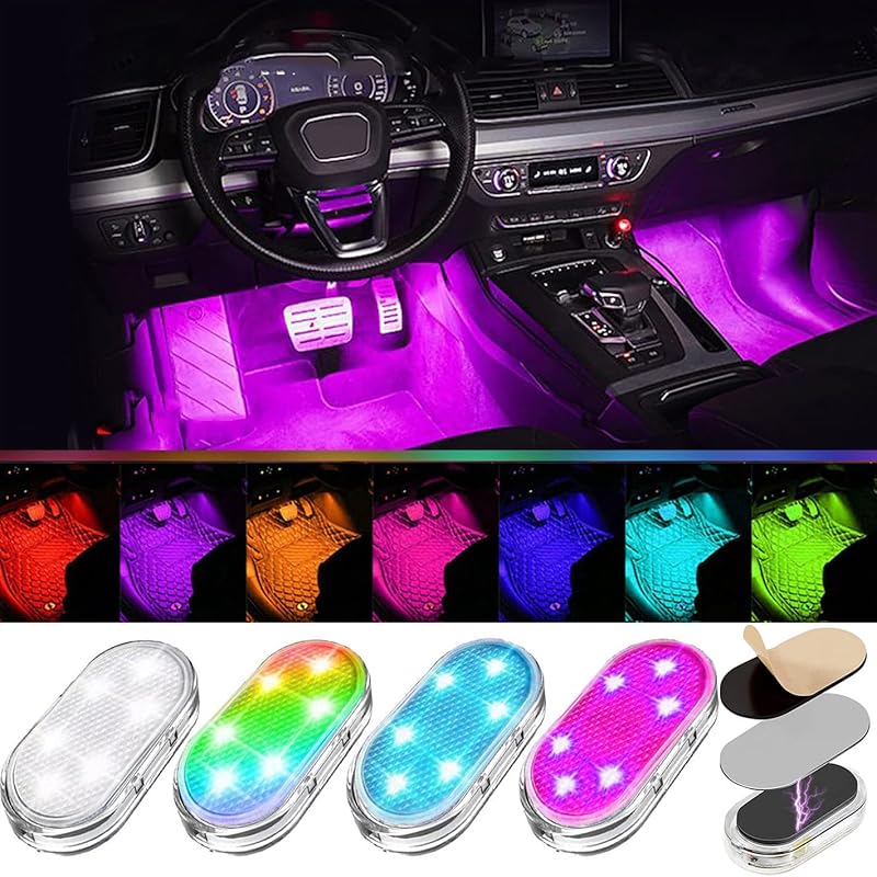 4Pcs Car LED Lights Interior Wireless, 7 Colors Interior Car Lights With 6 Bright LED Lamp Beads, Portable USB Rechargeable Car Interior Led Night 7 Colors