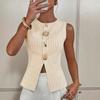 Neuer Damen Eleganter Gestreifter Rundhals Einreiher Ärmelloser Knopf Crop Top, Europäischer Amerikanischer Stil Lässige Oberbekleidung