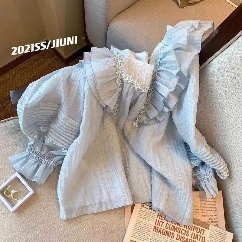 Women s Spring Light Blue Ruffle Lace Puff Sleeve Blouse Shorts Set S синий