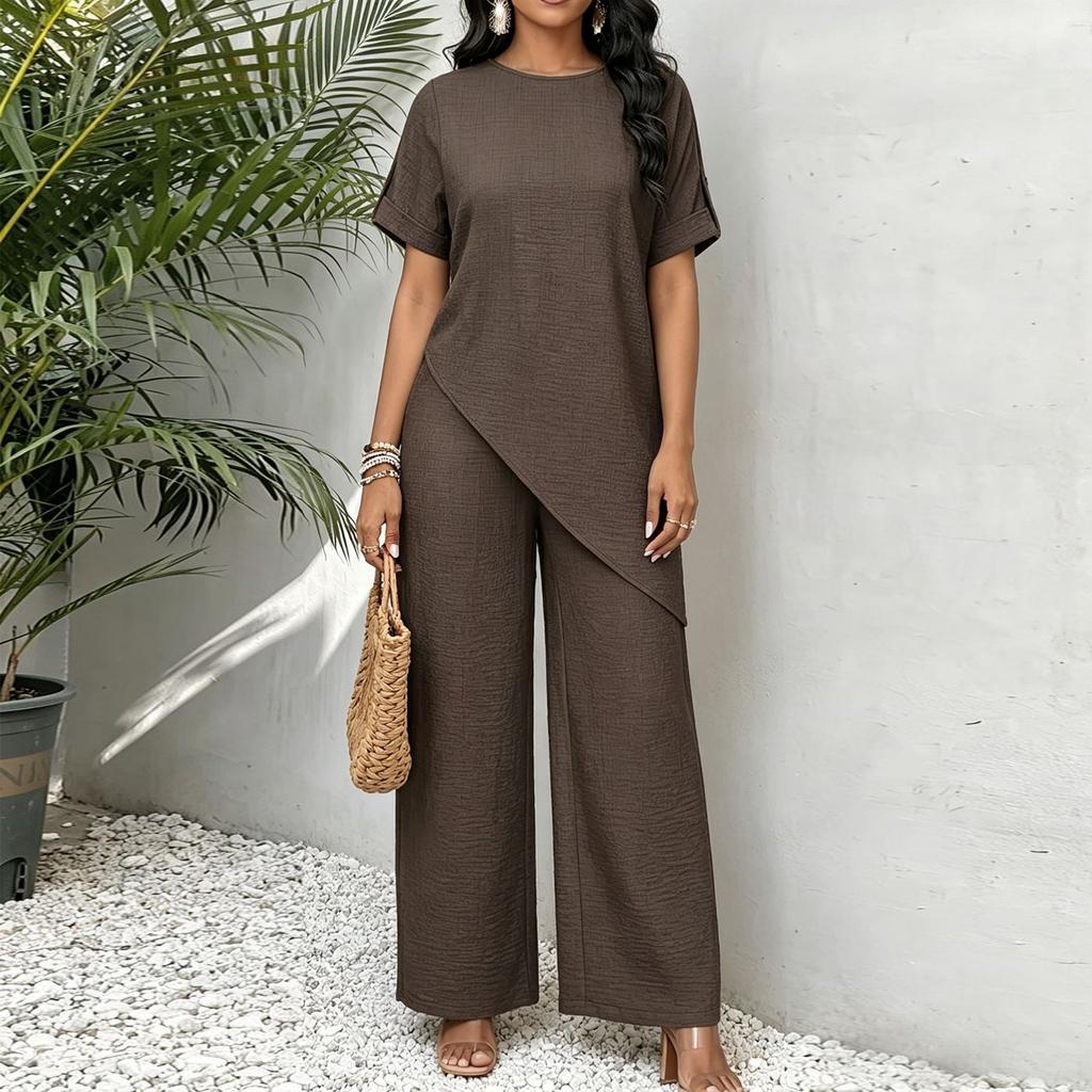 Women Loose Fit Round Neck Irregular Hem Mid Length Top Wide Leg Pants Casual Two Piece Set