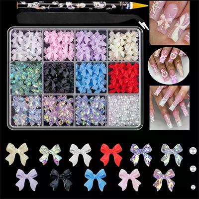 1Box Mixed Pearl Bowknot/Star/Moon Love Nail Charms Resin Ribbon/Rose Y2K Nail Art Decoration Simulated For DIY Nail Accessor