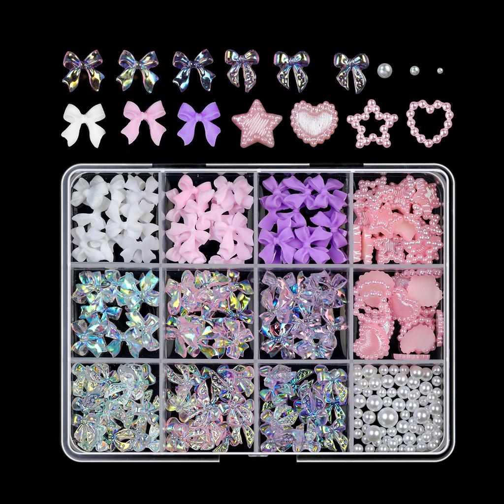 12/15 Grids/Box 3D Nail Art Decoration Kit With Resin Bowknot Pearls Heart & Assorted Shapes Kawaii Nail Charms Diy Manicure Art