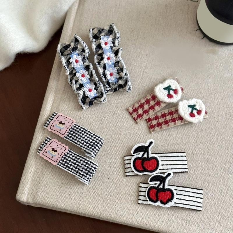 1pair Vintage Check Pattern Hairpin Flower Embroidery Fabric Kid Hair Clip for Children's Parties