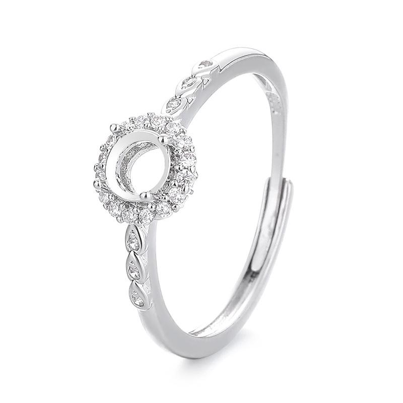 European & American Niche Design Open Copper Ring with Empty Round Imitation Jade or Huazi Diamond Inlay, 925 Silver Setting