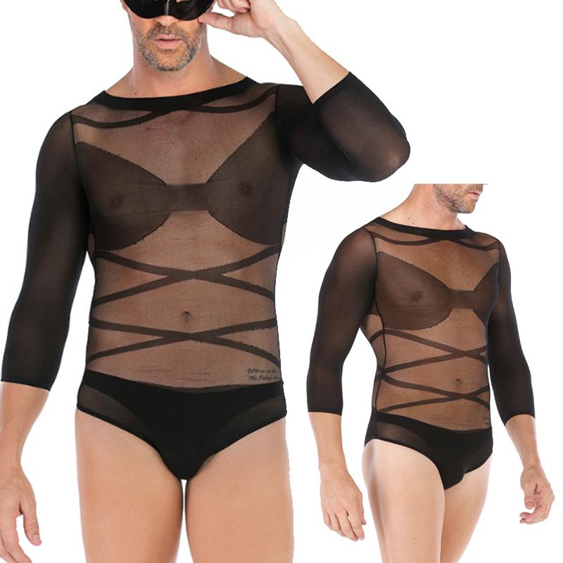 Men Bodysuit Sexy Mesh Sheer Body Stockings Cross Strap Men Long Sleeves Pantyhose Underwear Jumpsuit Romper Gay Lingerie Bikini