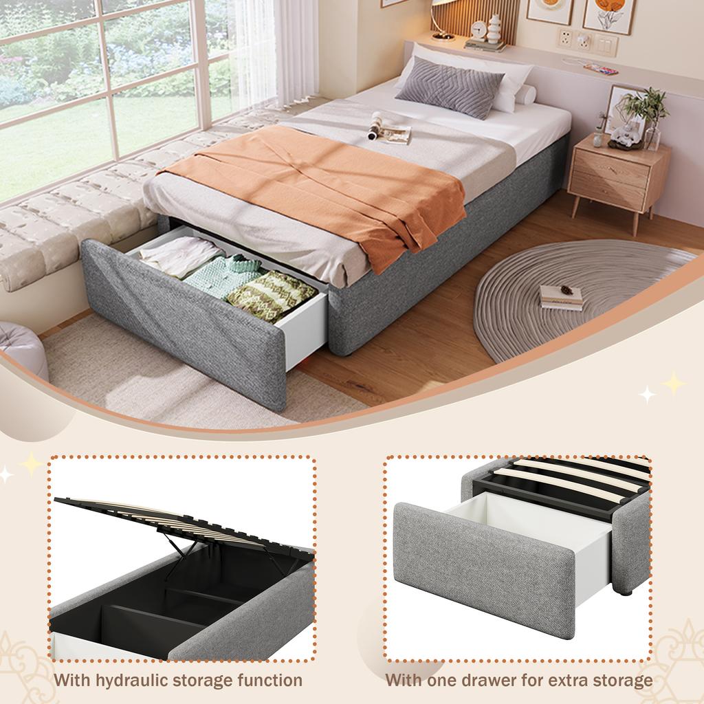 90*200cm Upholstered Bed, Platform Bed, Upholstered Bed Without Headboard, with Hydraulic Storage and a Drawer, Without Mattress, Grey