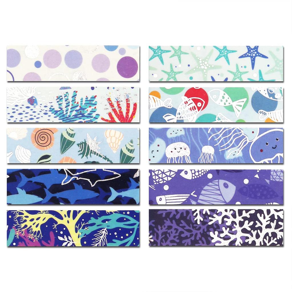 YUBX Masking Tape Set Washi Paper Ocean Blue with Silver Foil for DIY and Gift Decoration 10-Piece - Tape, Stamping, Crafts, Journals, Planners,
