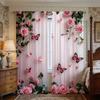 2PCS Digital Printed Curtains, Butterfly Pink Rose Romantic Botanical, Rod Pocket Window Drapes for Living Room Bedroom Decor