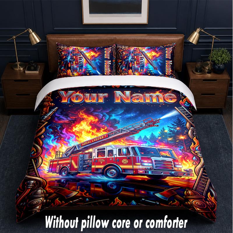 Fire Truck Theme Custom Text Or Name 3Pcs Bedding Set,1 Flat Sheet & 2 Pillowcases Personalized Home Bedding