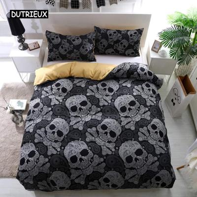 Parure de lit 3 pièces en microfibre avec housse de couette et motif tête de mort, motif floral noir et blanc, motif squelette, pour lit simple, double, queen et king size