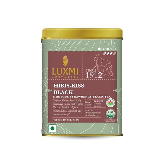 Luxmi Estates Hibis-Kiss Black Tea 100gm Tin | USDA Certified Organic Hibiscus Strawberry Black Tea | Lemongrass, Spearmint