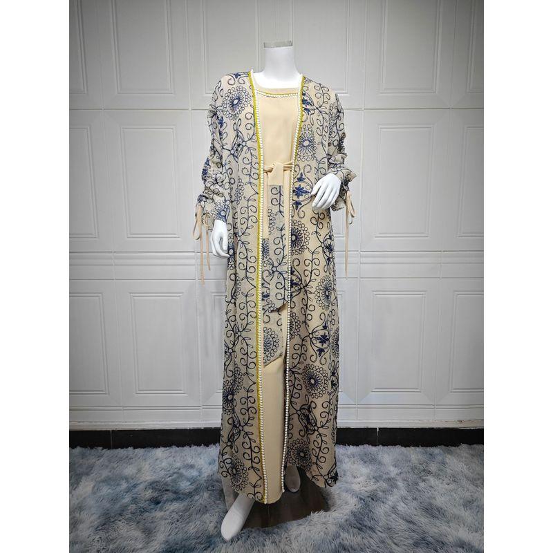 

Вышитый кардиган-жилет с фиксированными бусинами, платье, ближневосточный трансграничный наряд для внешней торговли, комплект из двух предметов, саудовское дубайское платье Apricot color S