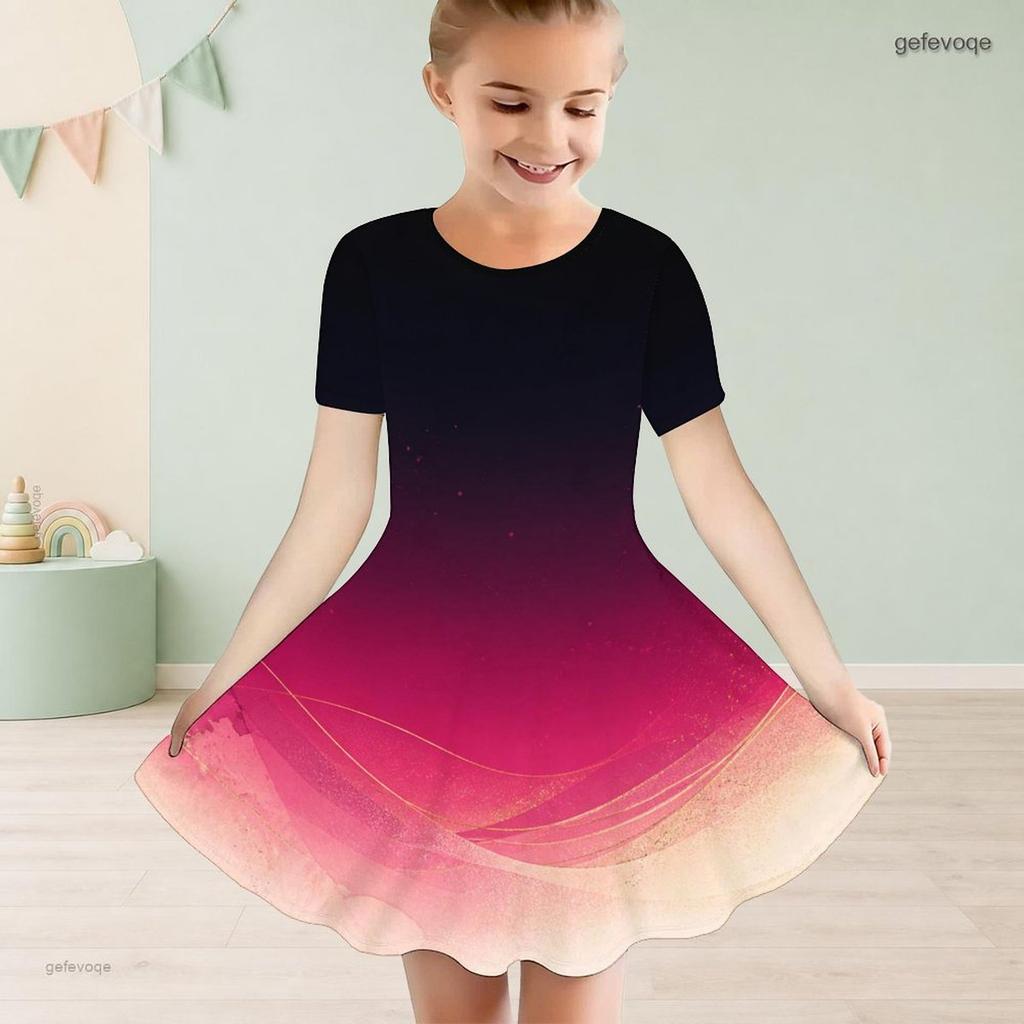 Girls Round Neck Short Sleeve Colorful Swirl Printed A Line Flared Dress