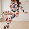 Women Plus Size Navy Blue Printed Half Zip Long Sleeve Longline Top Fitted Pants Two Piece Set
