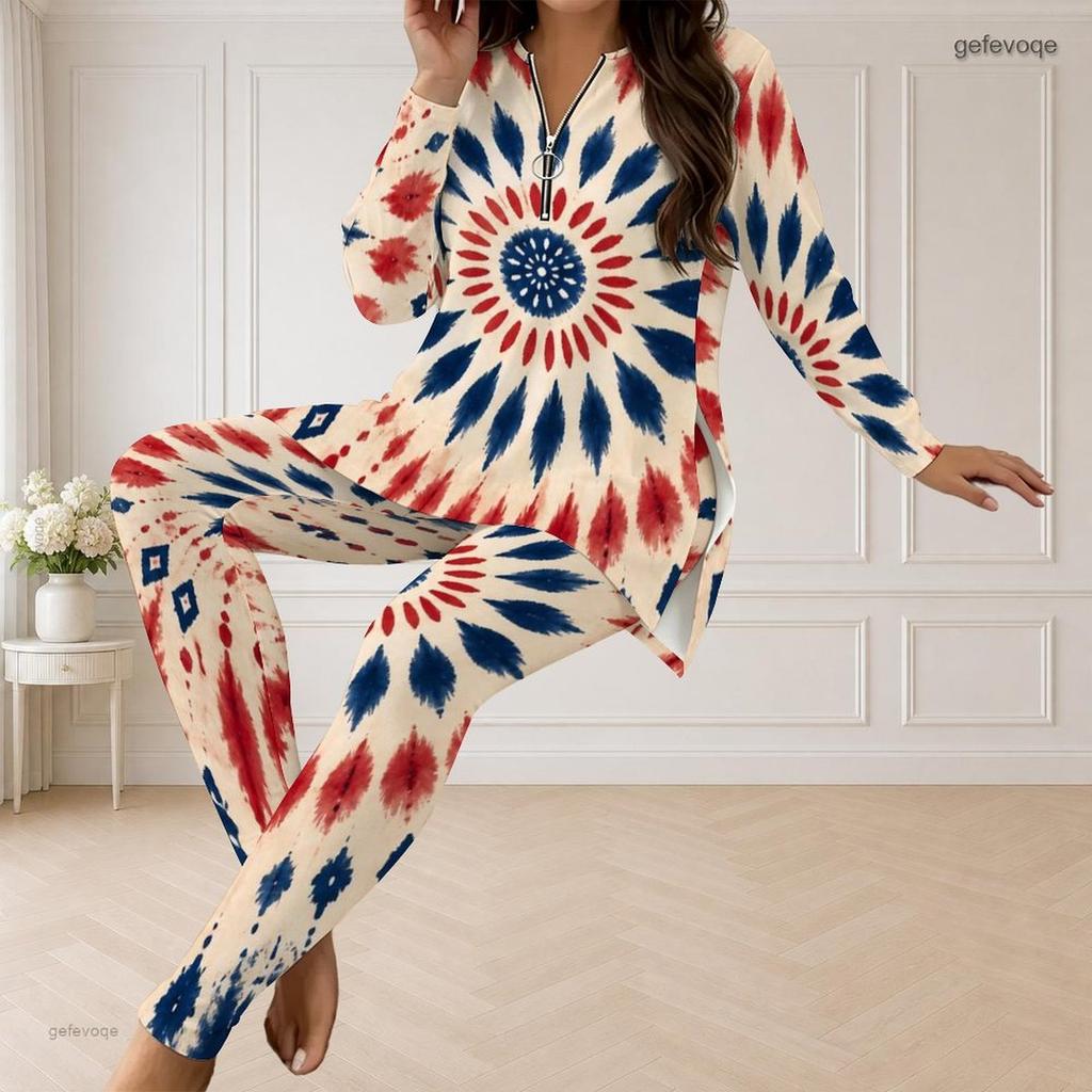 Women Plus Size Navy Blue Printed Half Zip Long Sleeve Longline Top Fitted Pants Two Piece Set