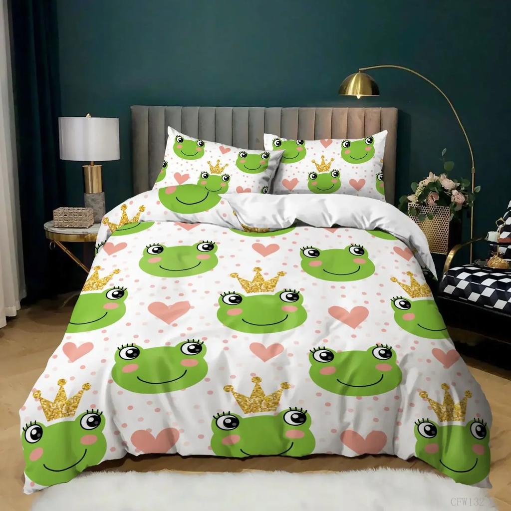 Bettbezug-Set mit Cartoon-Frosch, Hellgrün, Cartoon-Frösche, süße Libellen-Tier-Bettwäsche-Set für Kinder, Doppelbettgröße, Polyester-Bettbezug
