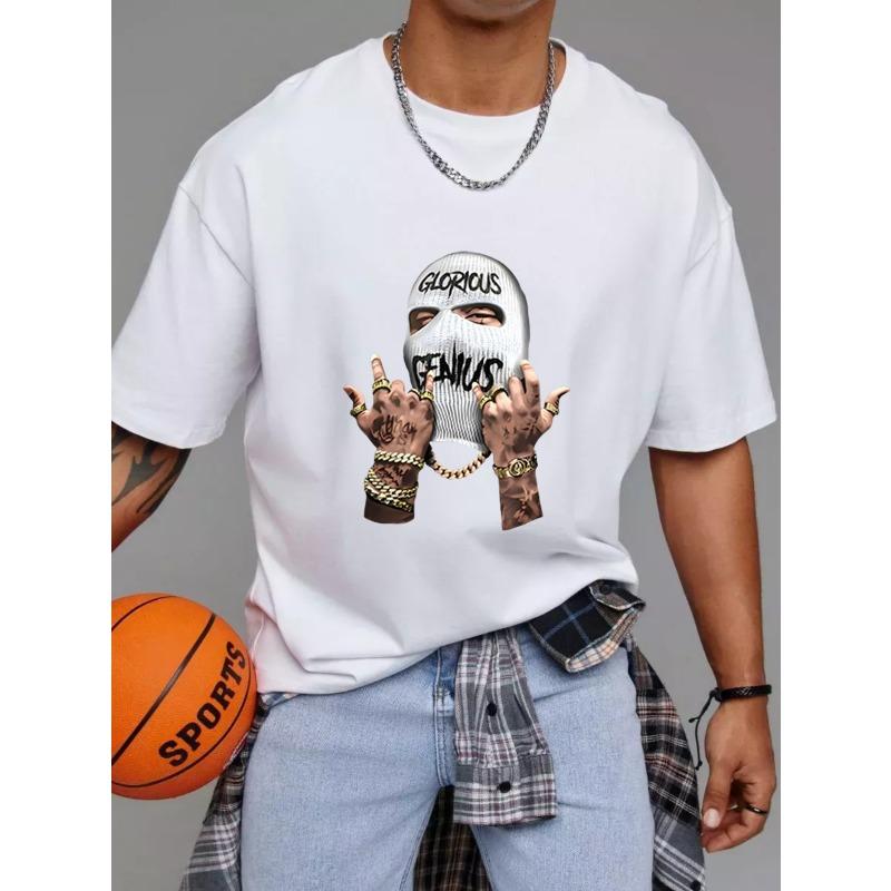 White T Shirt with Glorious Genius Mask and Tattooed Hands Print for Casual Streetwear Style