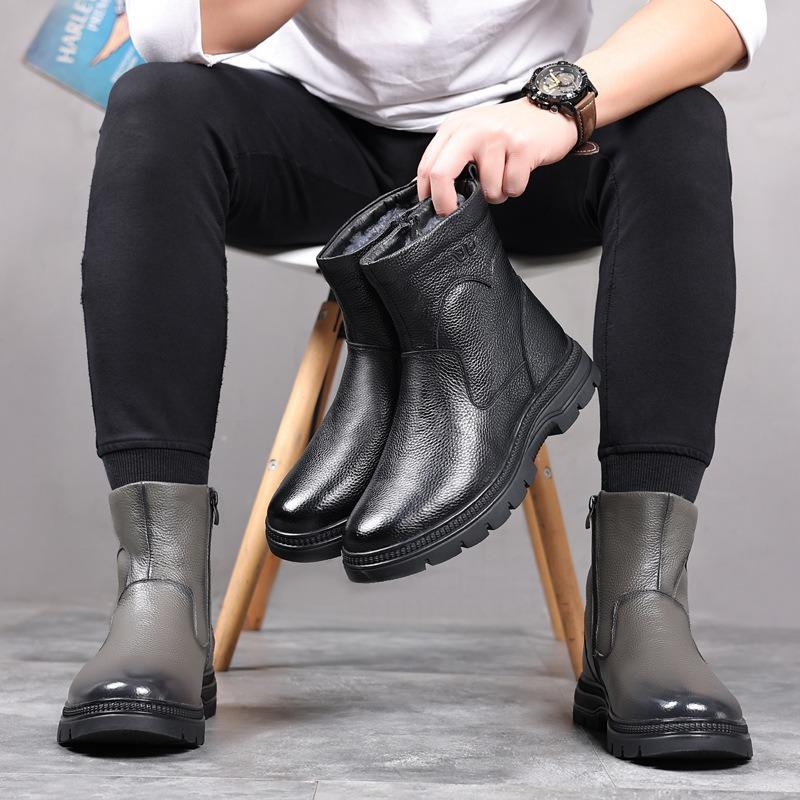 Winter eerste laag rundleer heren katoenen schoenen wol leer outdoor fluweel warm hoge top leren schoenen sneeuwlaarzen herenschoenen