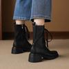 Krazing Pot Cow Skin Round Toe Thick Heels Motorcycle Boots Size 42 Lace Up Women Keep Warm Mid-calf Boots