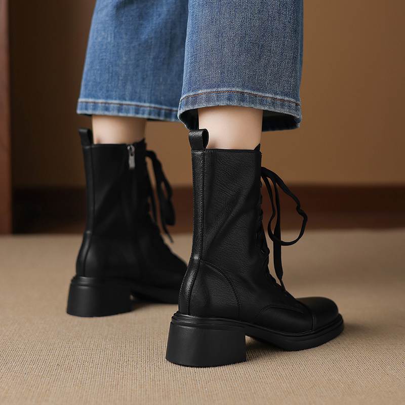 Krazing Pot Cow Skin Round Toe Thick Heels Motorcycle Boots Size 42 Lace Up Women Keep Warm Mid-calf Boots