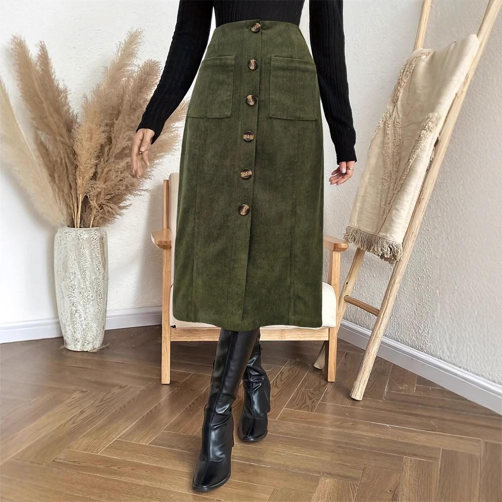 Women s autumn new skirt, casual commuter elastic waistband with buttoned pockets, faux placket, straight midi skirt S армия зеленый