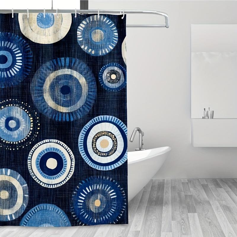 1pc Geometric Blue Curtain, Concentric Circles, 71x71 Inch, Durable Polyester, Easy-Clean, Plastic Hooks, Bath/Window Decor