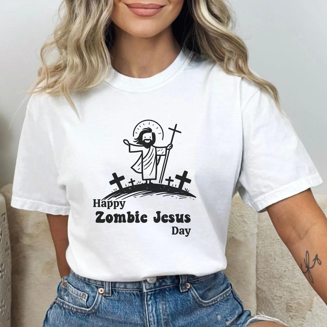 Happy Zombie Jesus Day Shirt Funny Easter Christian Humor Graphic Tee White XXXXL