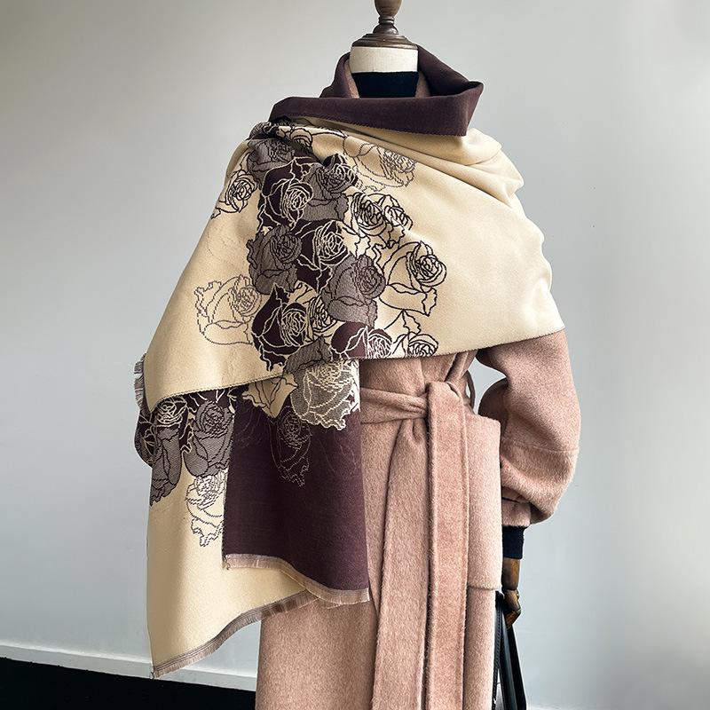 Warm Rose Clusters Fashionable and Elegant Women Contrasting Color Wind Imitation Cashmere Scarf Office Blanket Shawl Scarf