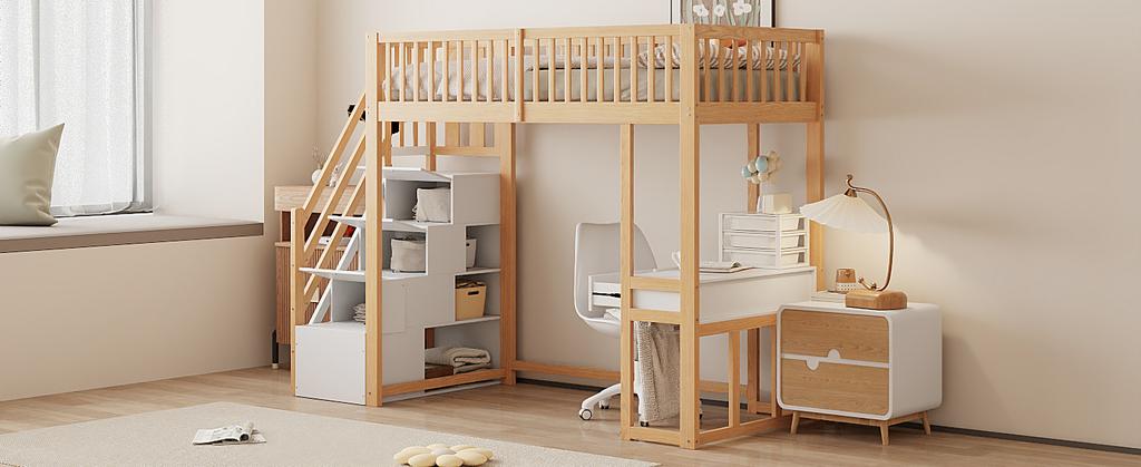 90x200 Loft Bed with Multifunctional Table, Safe Storage Staircase, Bed Frame Made of Solid Pine Wood for Children and Teenagers White