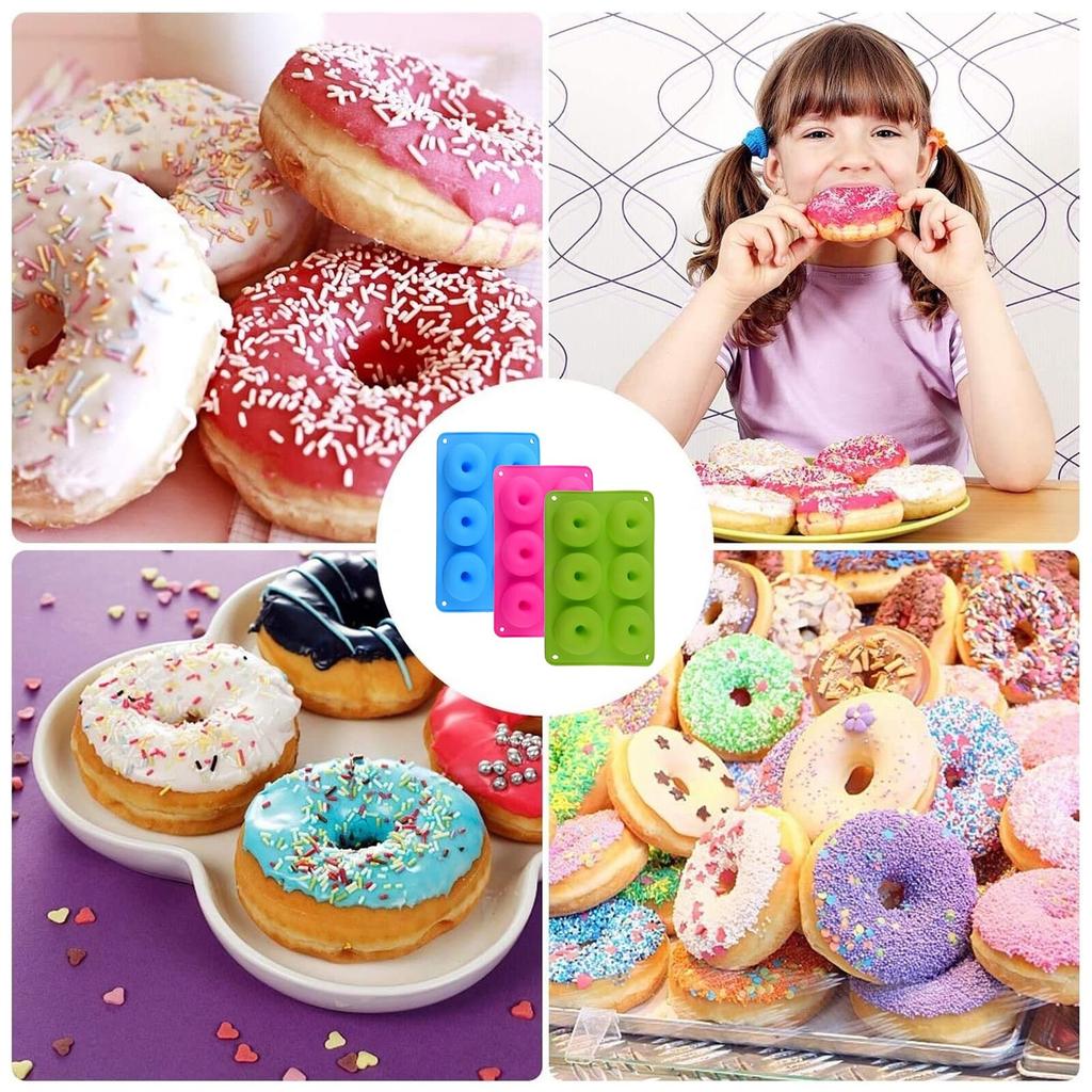 Axroad Mall 6-Fächer Hitzebeständiges BPA-freies Silikon Donut-Formen-Set - 3 Farben, 27,5 x 17,5 x 3 cm, für Donuts, Kuchen, Kekse, Muffins