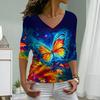 Orange Butterfly Print Women Tshirts Ladies Tops Long Sleeve V-neck Pullover Femme T-shirts T Shirt For Women