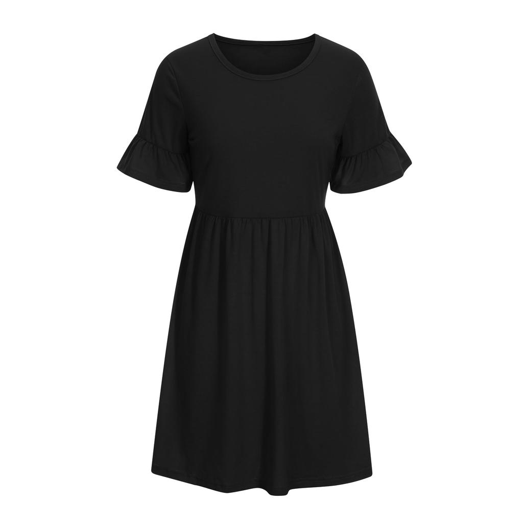 Women's Summer Casual Color Ruffle Short-sleeve O-neck Stitching Waist Big Swing A-line Dress