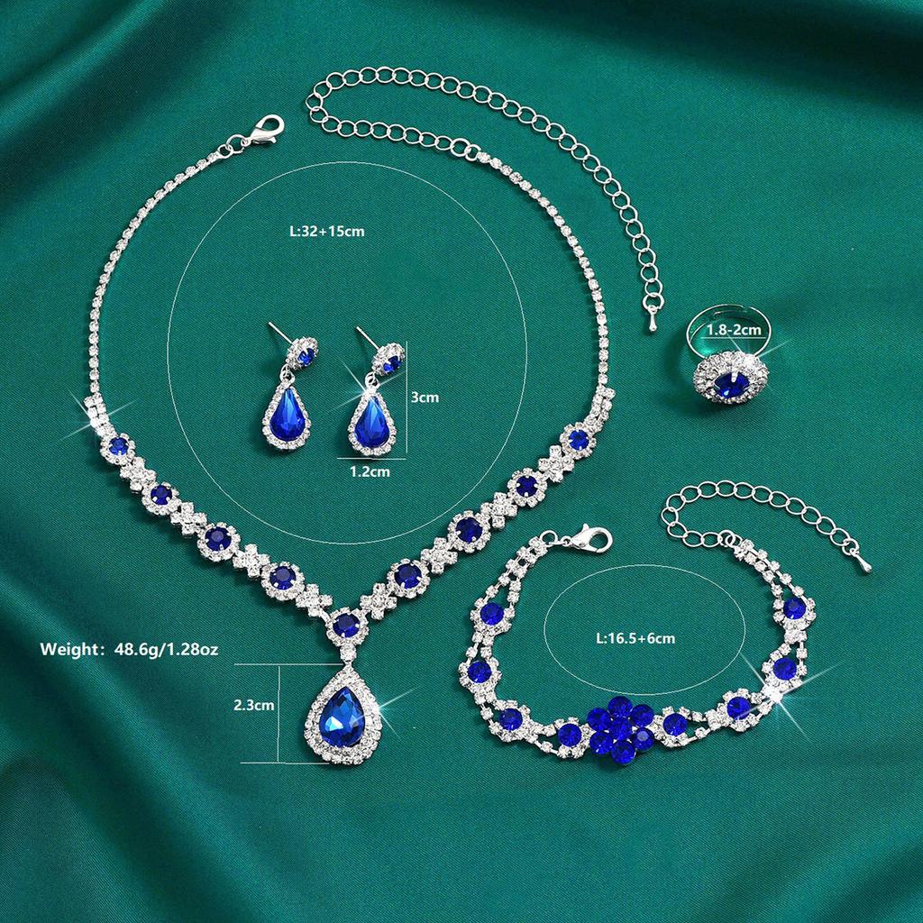 4PCS Copper Color Crystal Drop Necklace Earrings Bracelet Ring Jewelry Set for Women Rhinestone Wedding Party Accessories