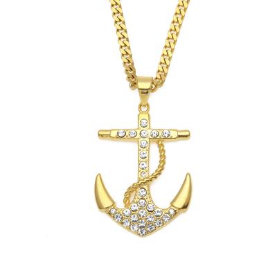 HipHop European and American Men's Metal Diamond Boat Anchor Pendant Necklace Vacuum Color Retention Electroplated Stainless Steel Ornament