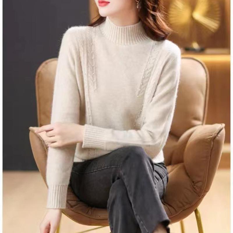 Half High Neck Sweater for Women Pullover Sweater Autumn and Winter Long Sleeved Knit Sweater for Women