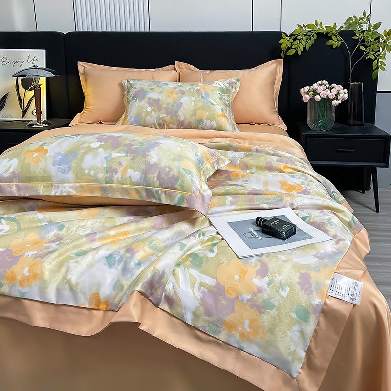 New Washed  Four-Piece Set Light Luxury Comfortable Summer Blanket Soft Cotton Ice Silk Gift Airable Cover
