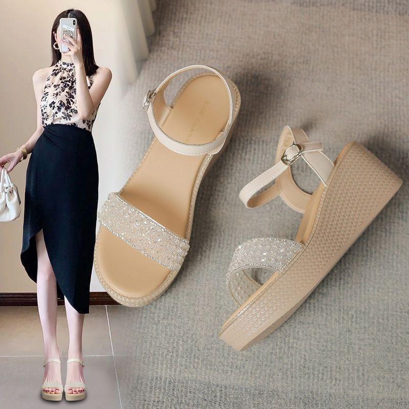 Muffin platform sandals one-button rhinestone wedge sandals summer new fashion platform sandals temperament women's shoes