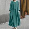 Plus Size Women Long Sleeve Cotton Linen Solid Color Round Neck Pocket Long Dress Irregular Patchwork Hem Dress