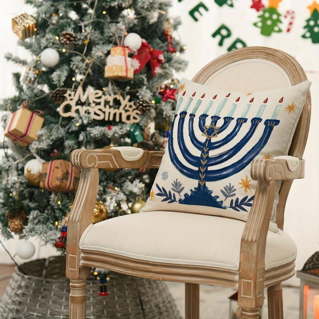 Candlestick And Hebrew Digital Printing Pillow Cover Short Plush Suitable Living Rooms Bedrooms Sofas Throw Cushion Cover 4Pcs