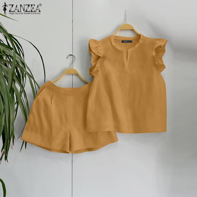 ZANZEA Women Summer V-Neck Short Sleeve Lace Vest Shorts Sets